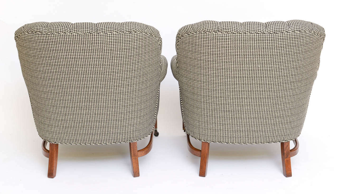 Wood Beefy Edwardian Style  Button Tufted Club Chairs in Houndstooth