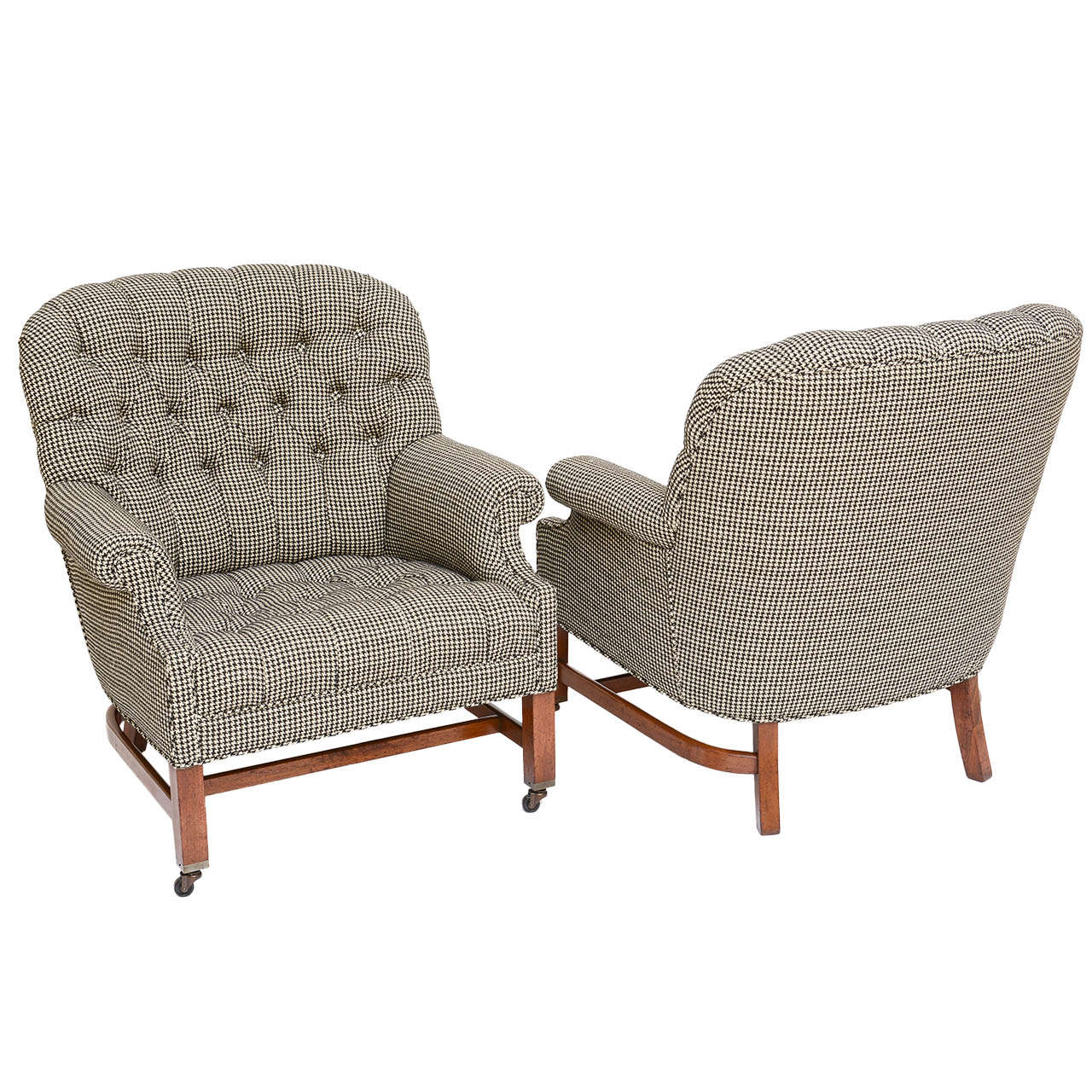 Beefy Edwardian Style  Button Tufted Club Chairs in Houndstooth