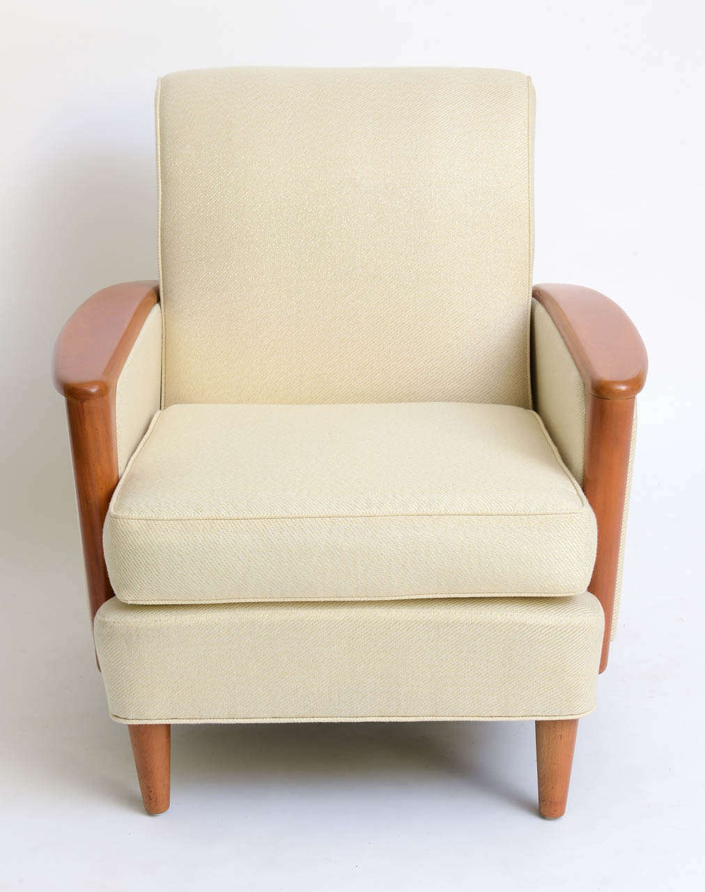 SOLD  Heywood Wakefield Streamline Modern lounge chair. Definitely a room anchor, this beefy club chair with the closed in upholstered sides is a period 1941-42 Streamline Modern lounge chair from Heywood Wakefield. Incredibly comfortable and