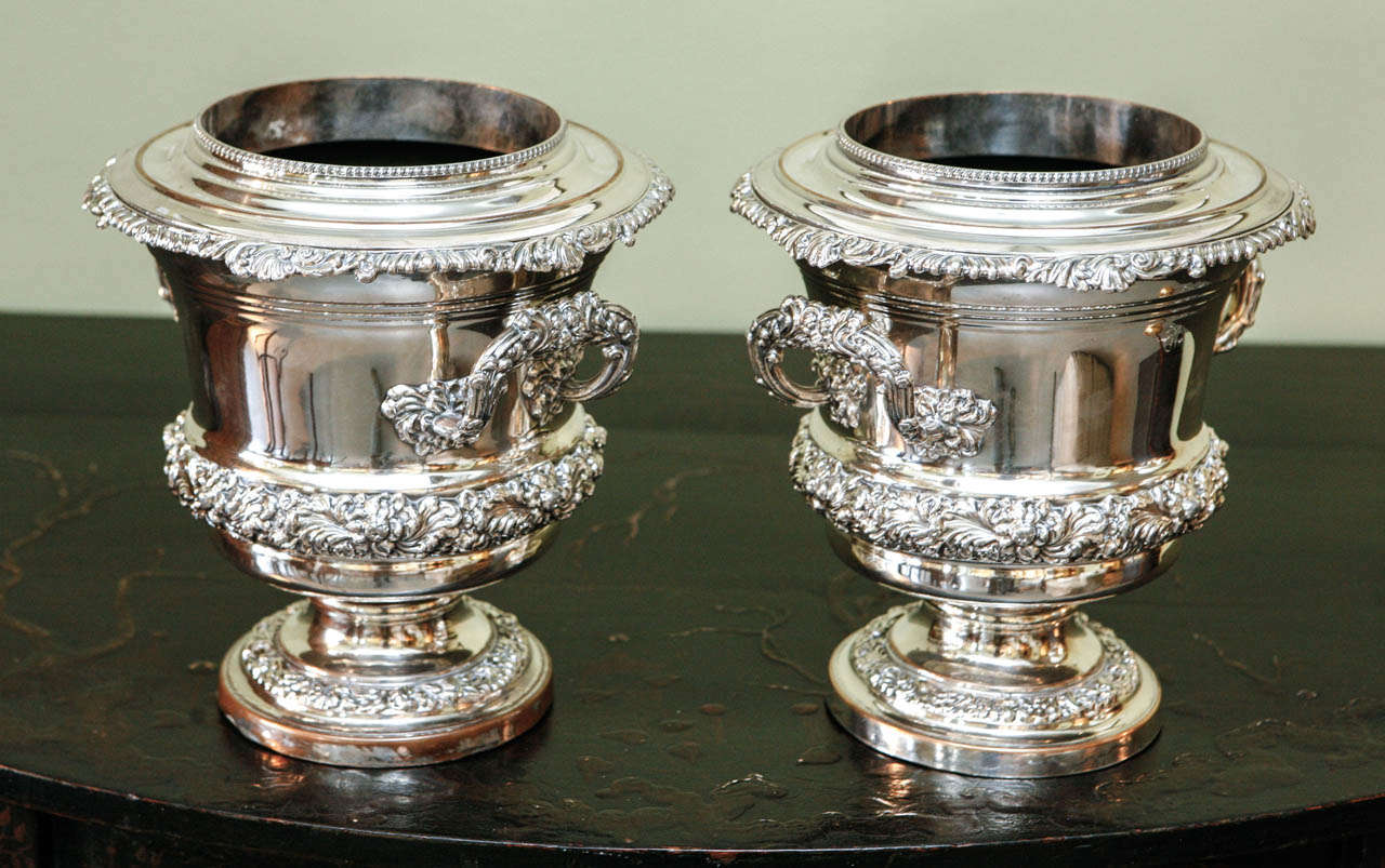 A Pair of Old Sheffield Plate Wine Coolers, with Monograms and Vintage Pattern Border, c. 1850.  These were originally a wedding gift, so the monograms are different (one is the bride's, one is the groom's).