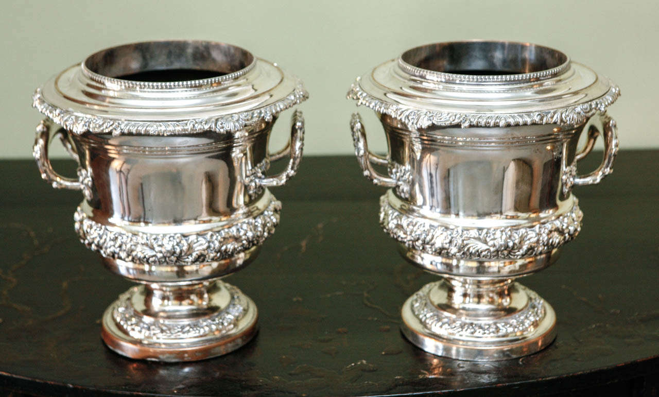 British A Pair of Old Sheffield Plate Monogrammed Wine Coolers, circa 1850