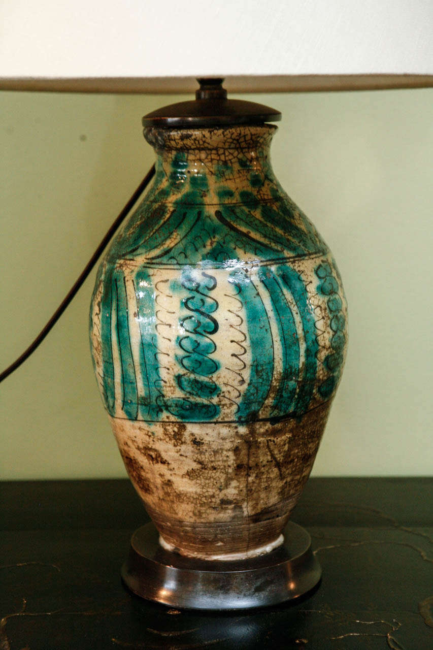 A Spanish Green And Brown Glazed Jar, C. 1770, Now Wired As A Lamp. In Excellent Condition In Los Angeles, CA