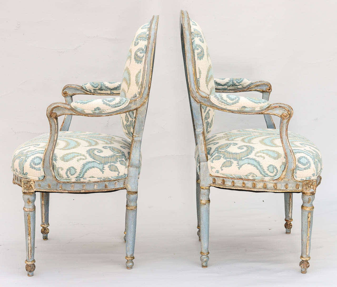 18th Century and Earlier Pair of 18c. French Polychromed and Parcel Gilt Fauteuils