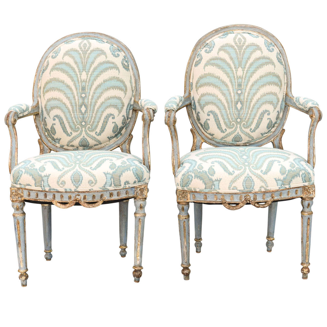 Pair of 18c. French Polychromed and Parcel Gilt Fauteuils