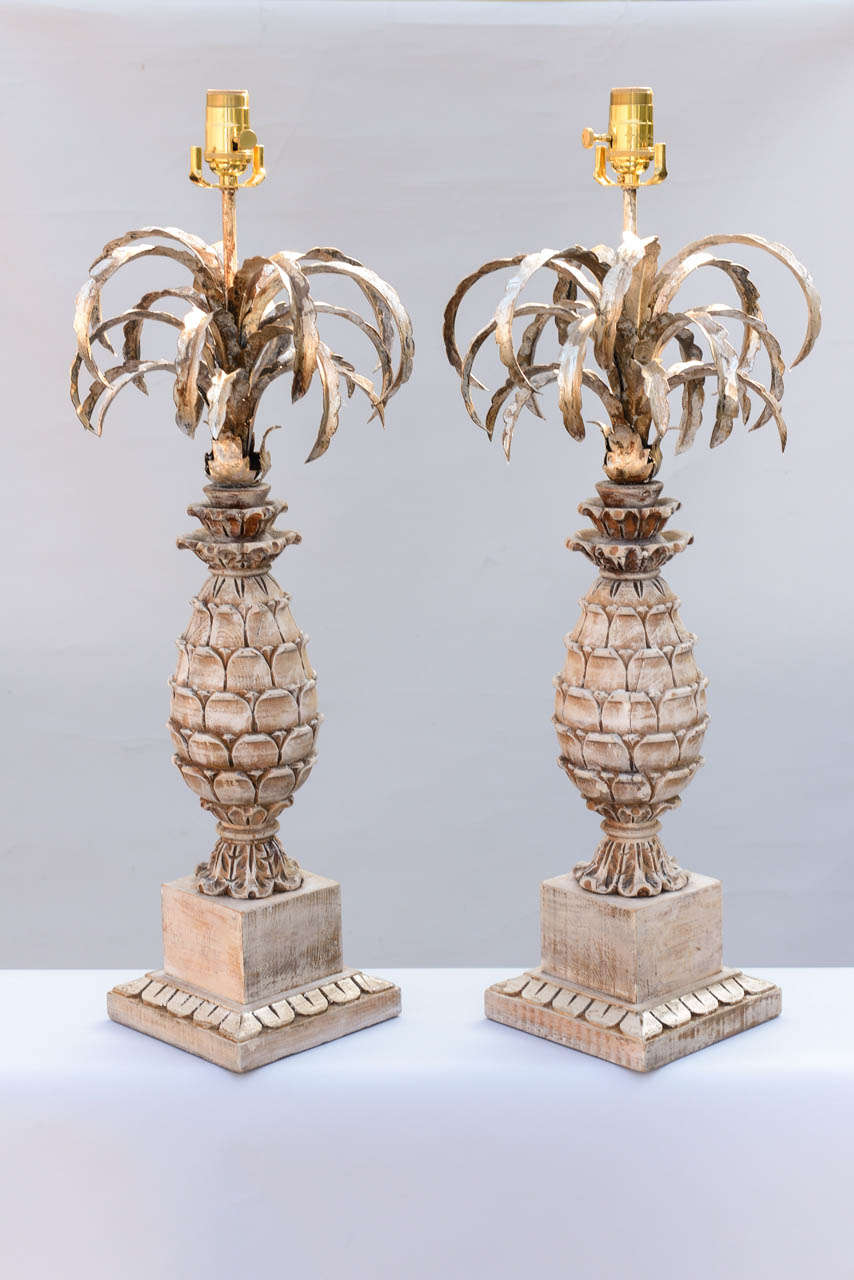 Italian Pair of Carved Wood and Metal Pineapple Form Lamps For Sale