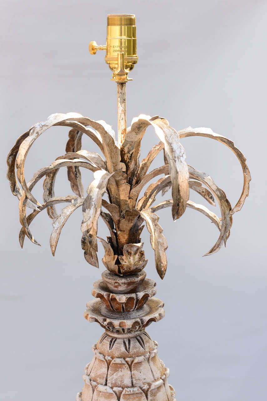 Mid-20th Century Pair of Carved Wood and Metal Pineapple Form Lamps For Sale