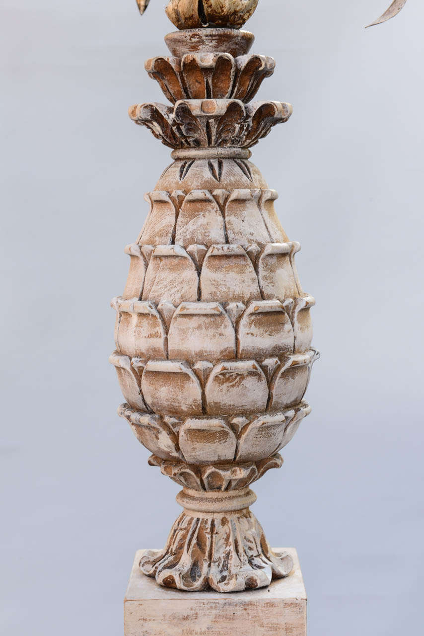 Pair of Carved Wood and Metal Pineapple Form Lamps For Sale 1