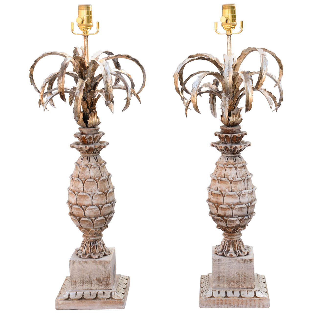 Pair of Carved Wood and Metal Pineapple Form Lamps For Sale