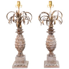 Pair of Carved Wood and Metal Pineapple Form Lamps
