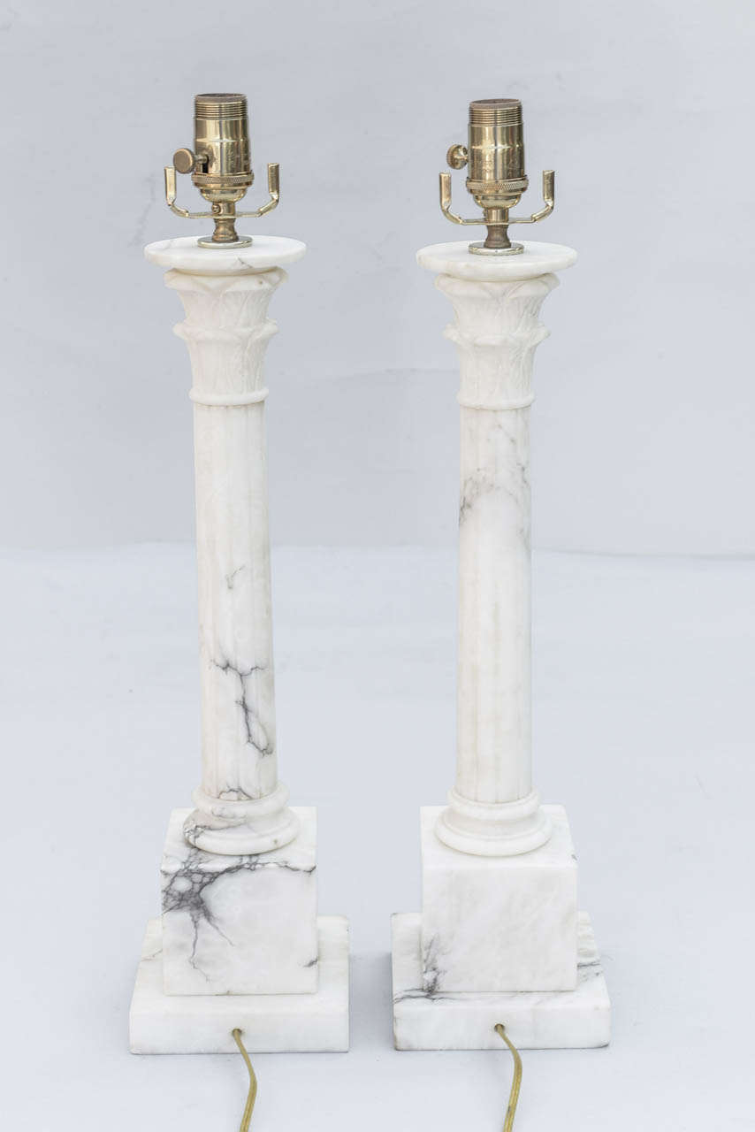 Pair of Alabaster Column Lamps In Excellent Condition In West Palm Beach, FL