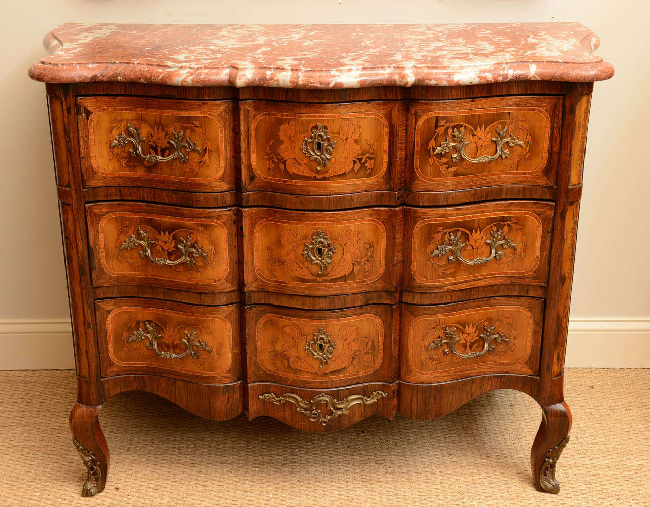 19c. French Marquetry Commode with Rouge Marble Top