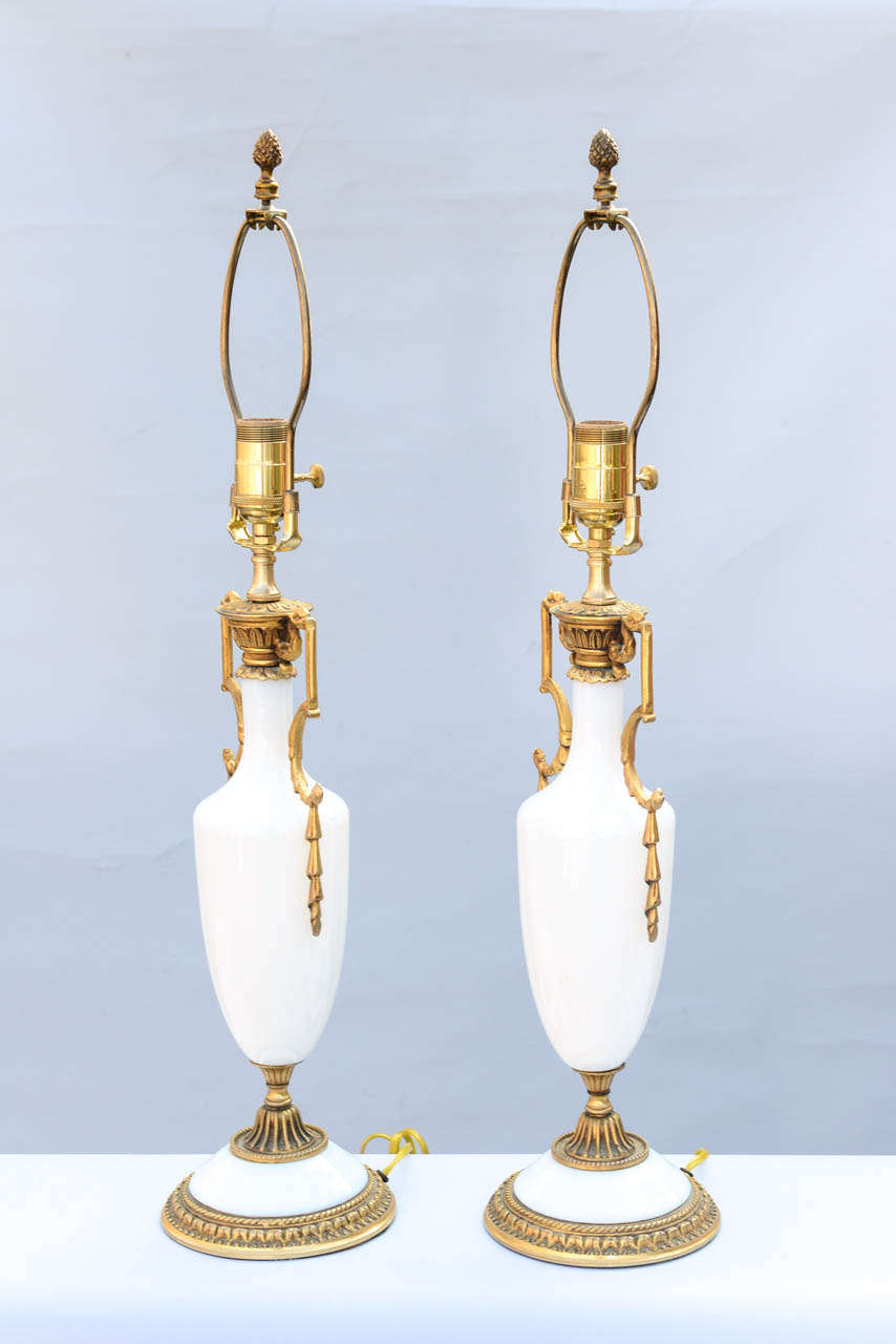 French Fine Pair of Opaline Lamps