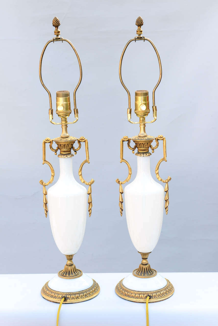 Bronze Fine Pair of Opaline Lamps