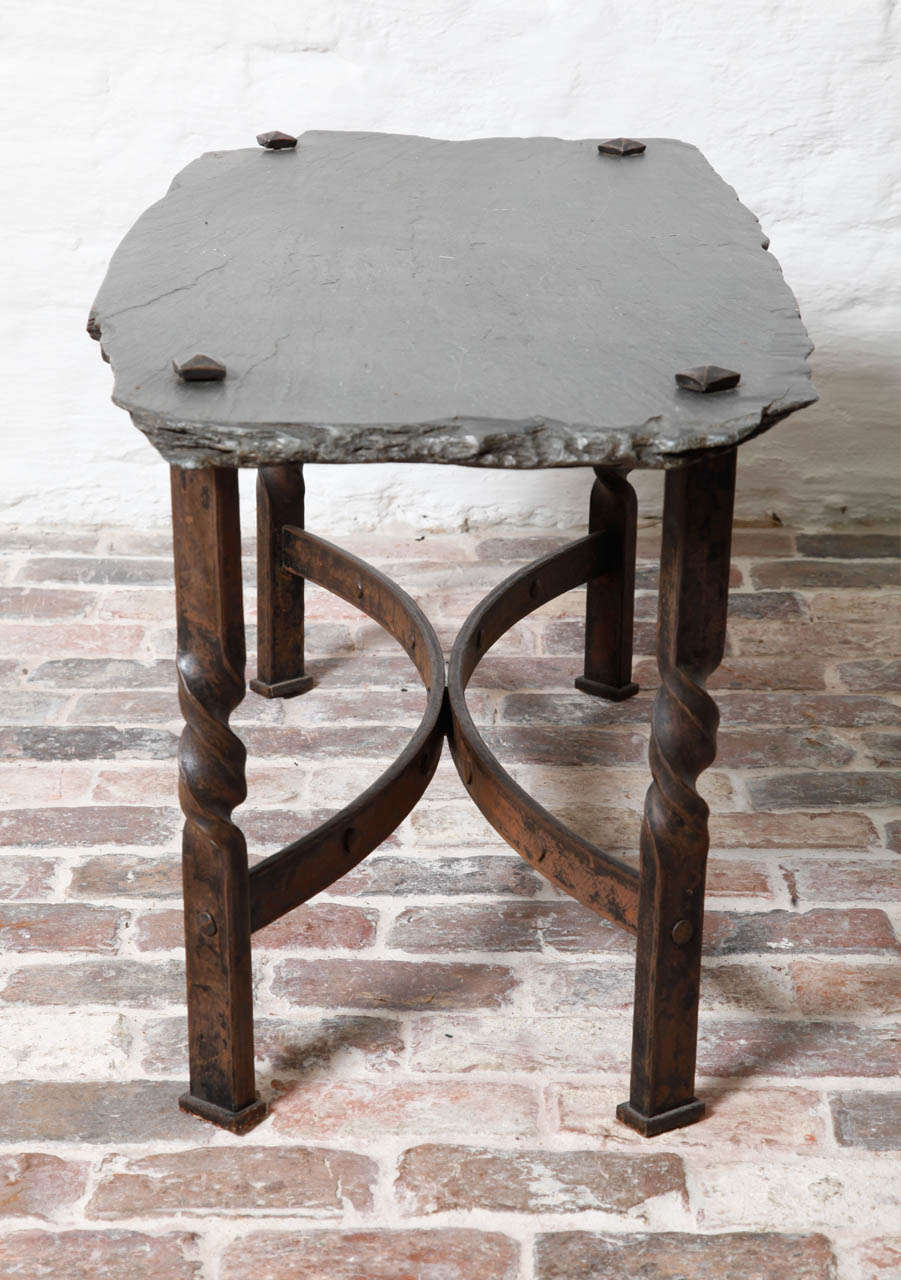Mid-20th Century Belgian 1940s Slate and Wrought Iron Side Table For Sale