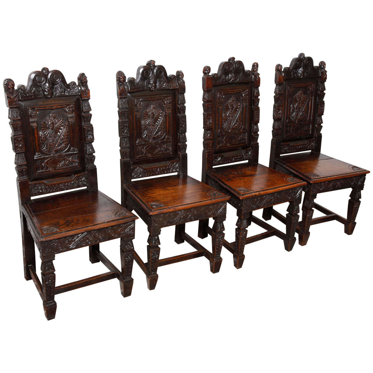 Set of Four Elisabeth I Revival Oak Side Chairs For Sale