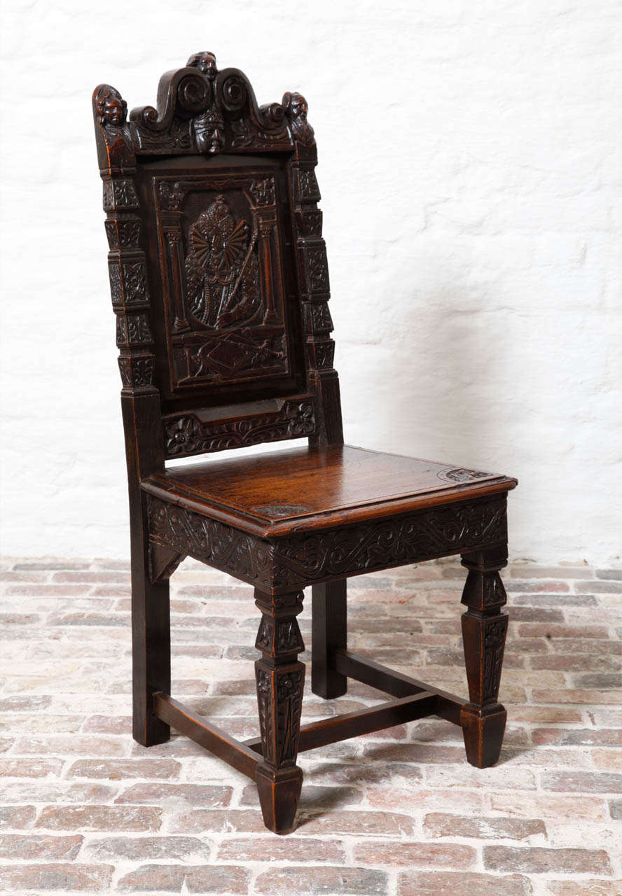 Elizabethan Set of Four Elisabeth I Revival Oak Side Chairs For Sale