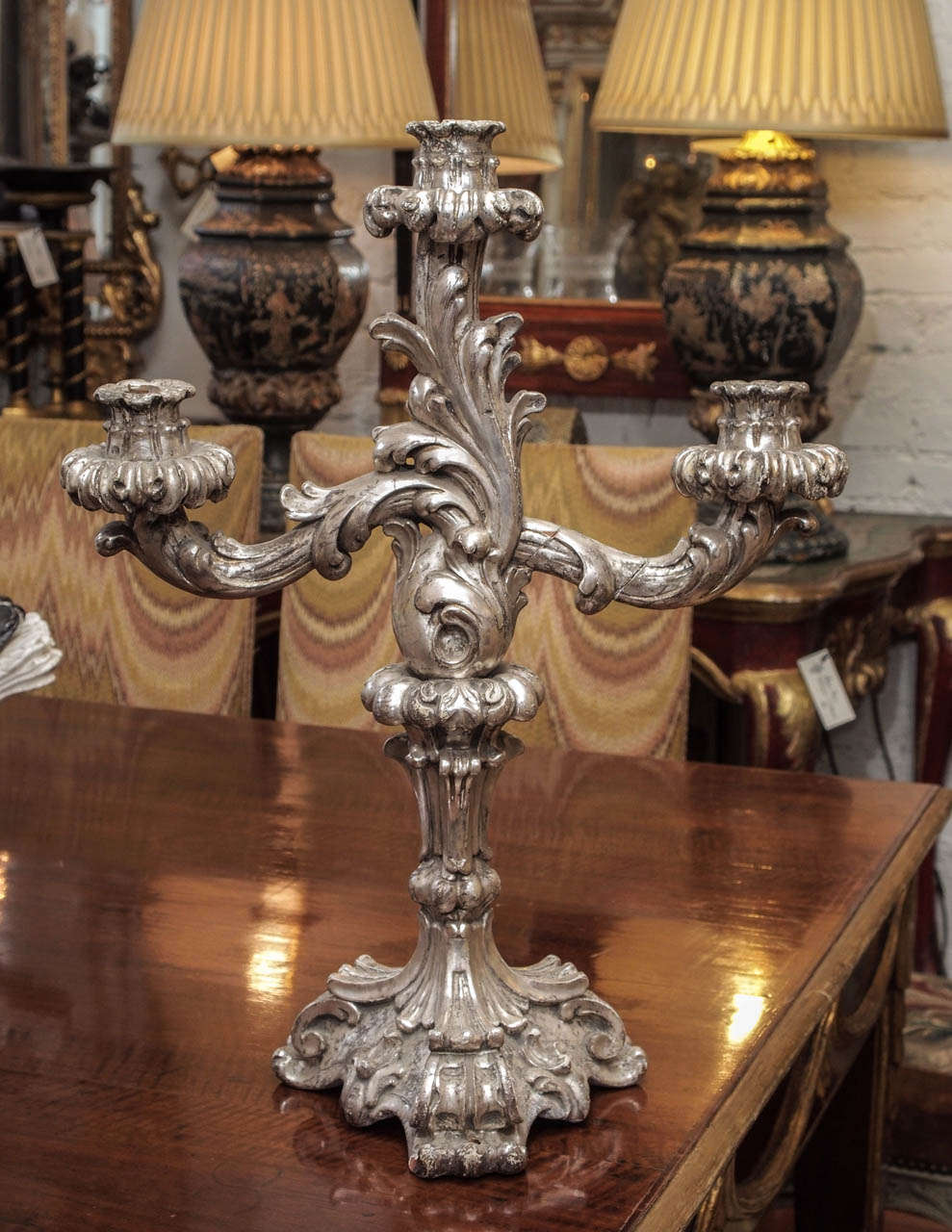 Italian Louis XV Style Silver Giltwood Three Arm Candle Sticks In Good Condition For Sale In Natchez, MS