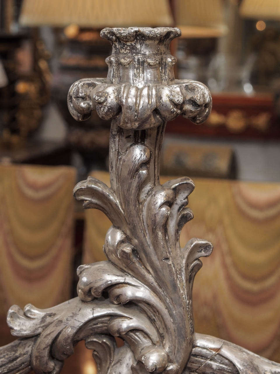 19th Century Italian Louis XV Style Silver Giltwood Three Arm Candle Sticks For Sale