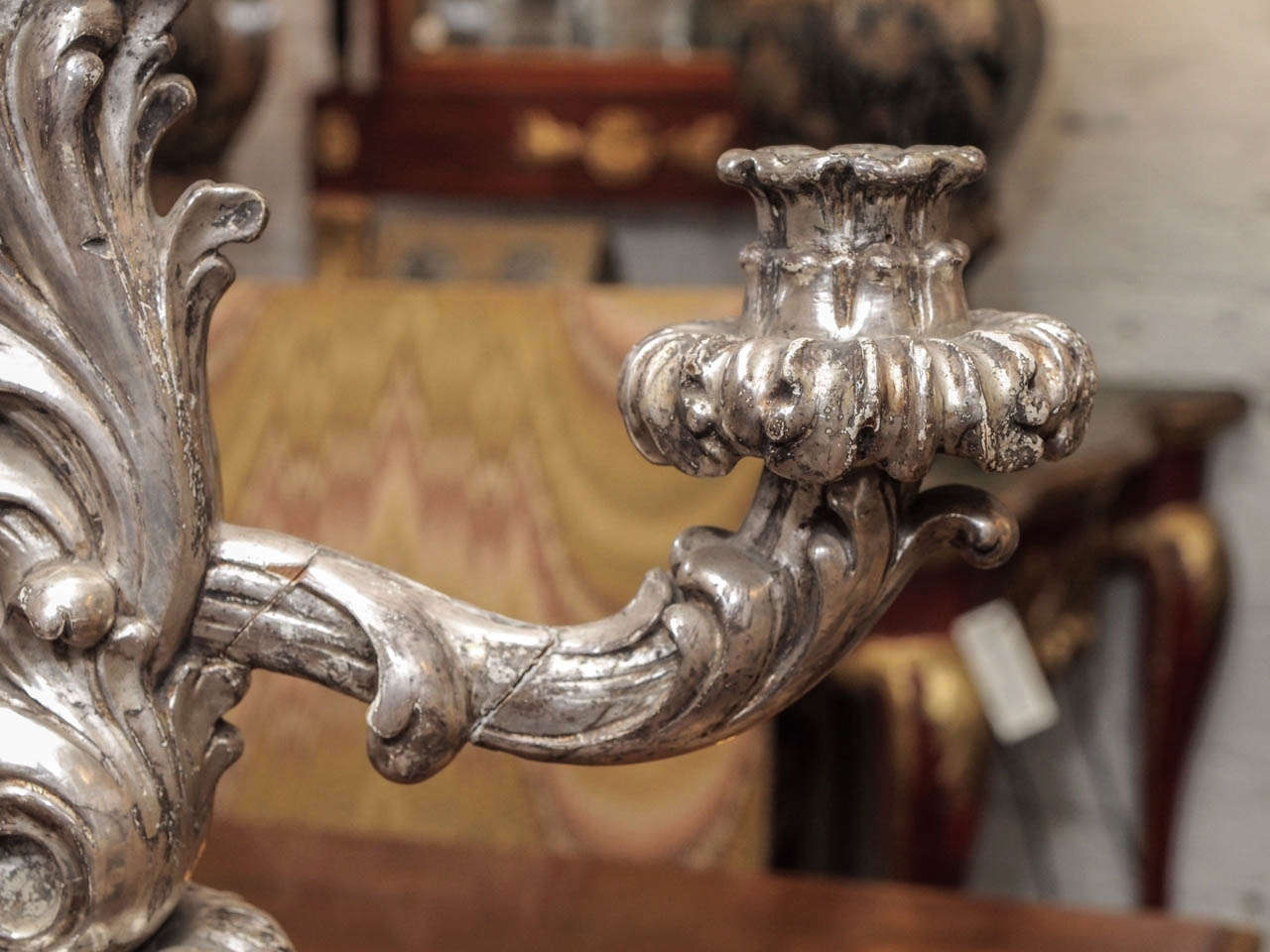 Wood Italian Louis XV Style Silver Giltwood Three Arm Candle Sticks For Sale