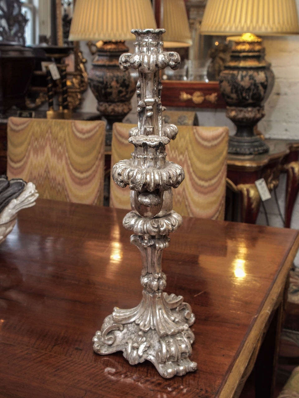 Italian Louis XV Style Silver Giltwood Three Arm Candle Sticks For Sale 3