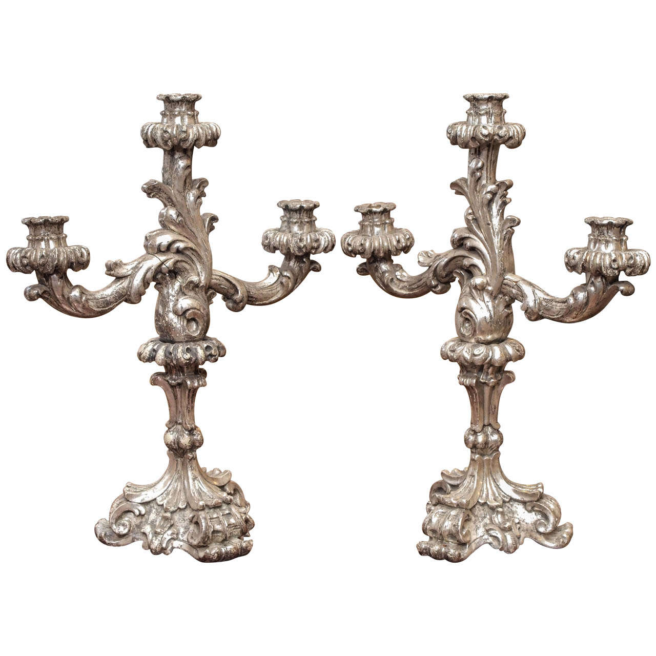 Italian Louis XV Style Silver Giltwood Three Arm Candle Sticks For Sale