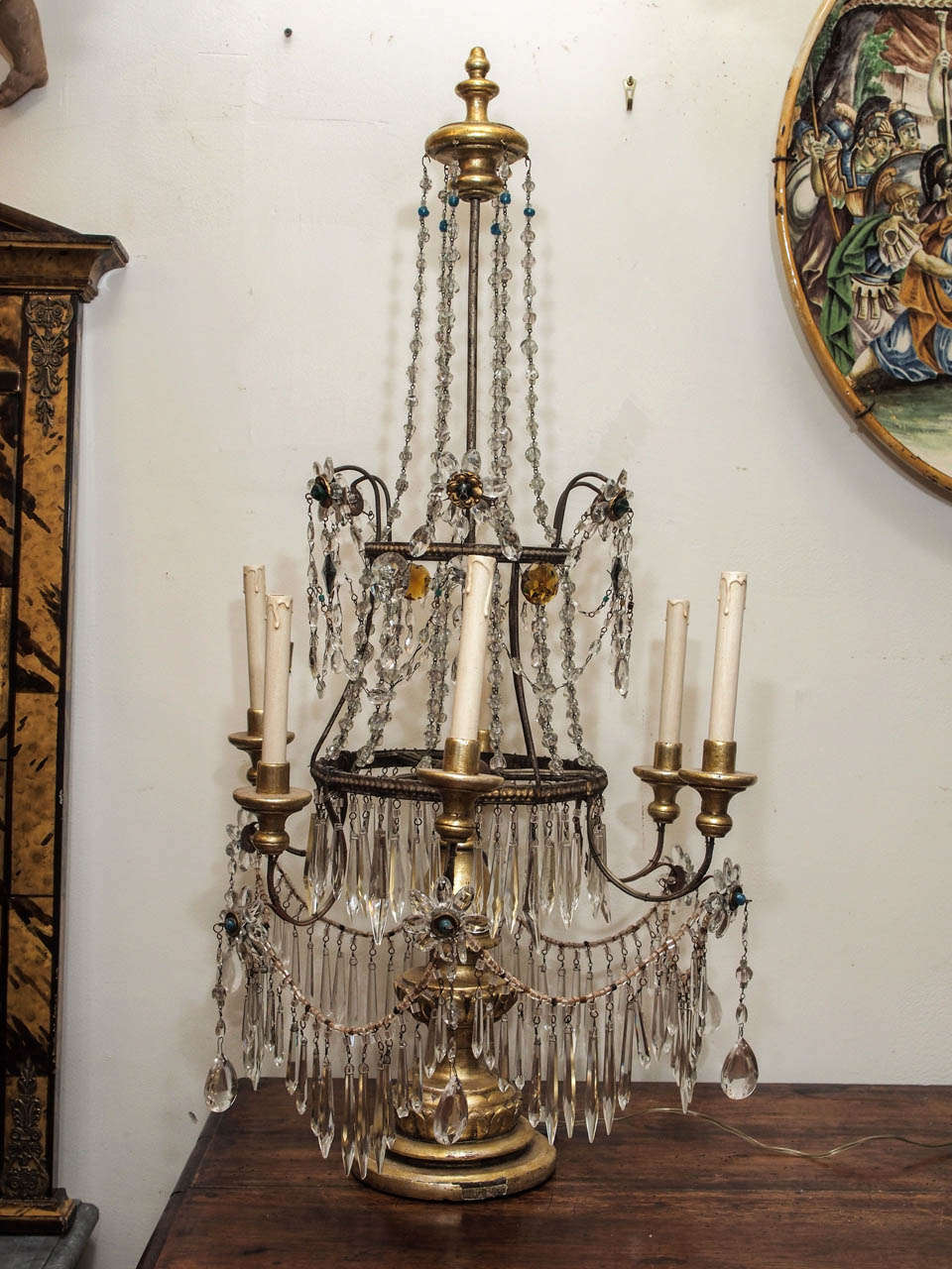 Italian Genovese Girandoles of Giltwood and Crystal, 19th Century
