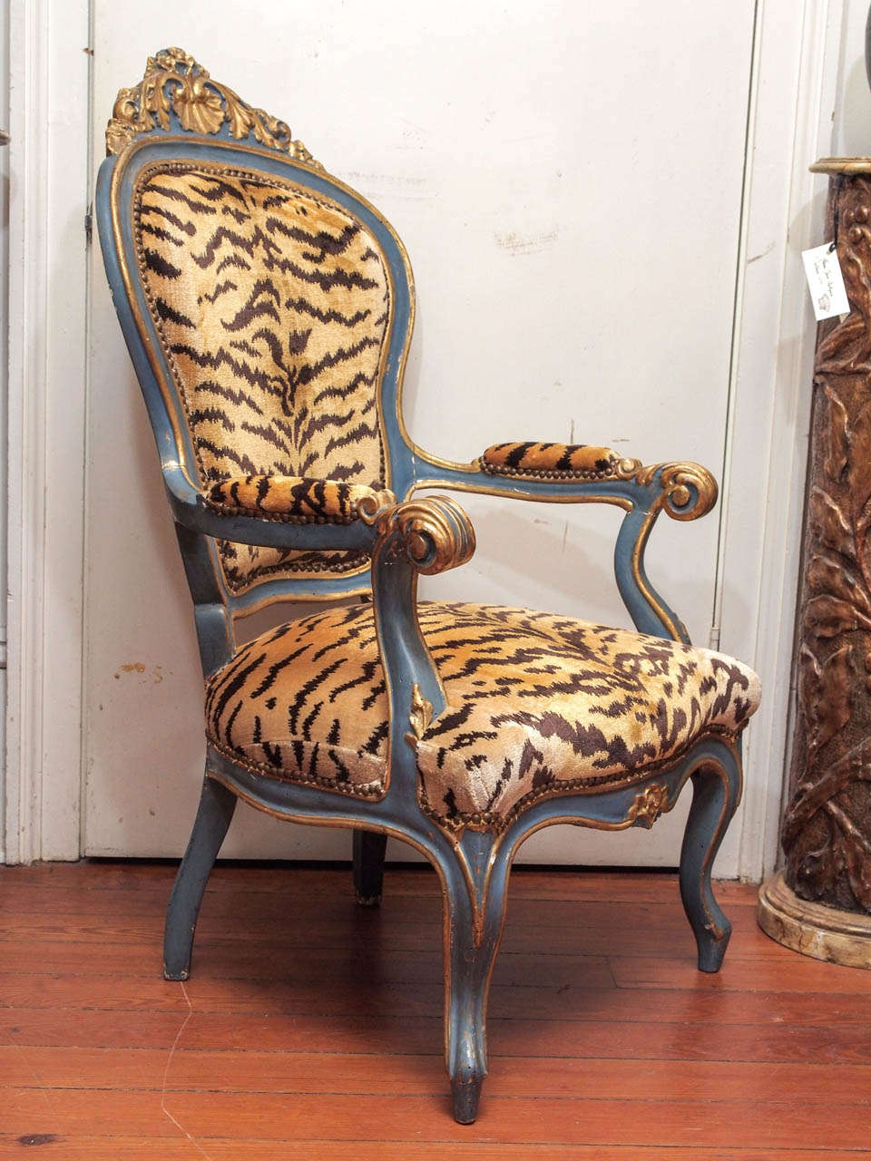 Pair of Italian Late 19th c. Parcel Gilt and Painted Armchairs of commodious size and scale. 
They are now upholstered in Scalamande Silk Tiger Velvet. Le Tigre.