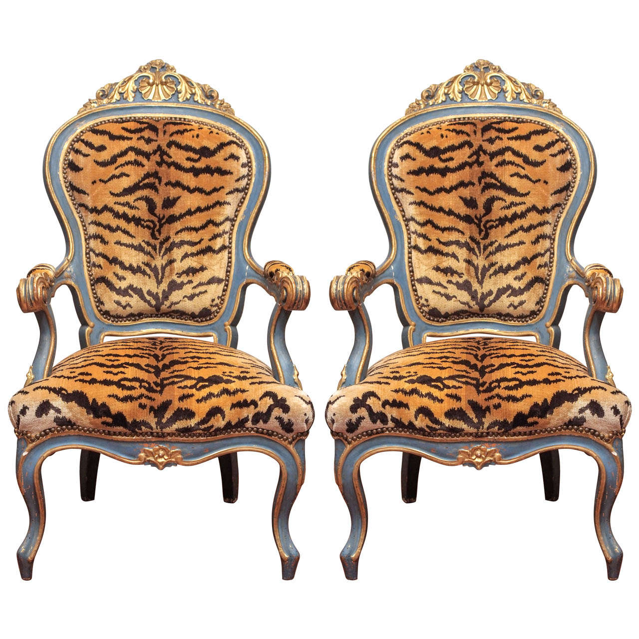 Pair of Italian Late 19th Century Parcel Gilt and Painted Armchairs