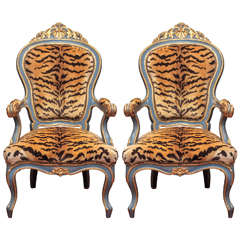 Pair of Italian Late 19th Century Parcel Gilt and Painted Armchairs