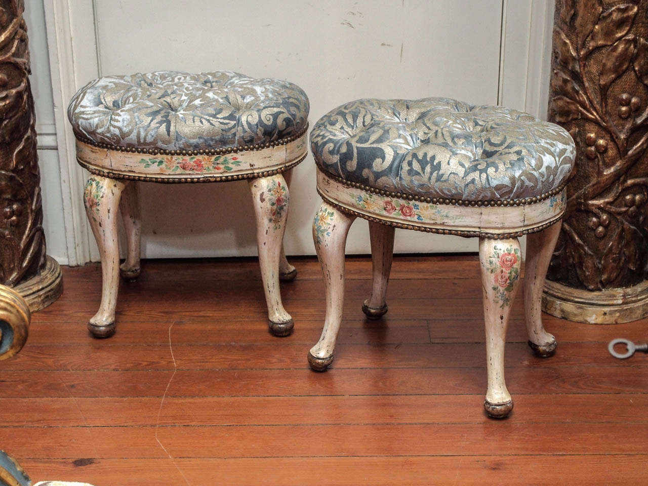 Pair of Venetian Painted Oval Stools with tufted tops and venetian Clarence House Velvet covering