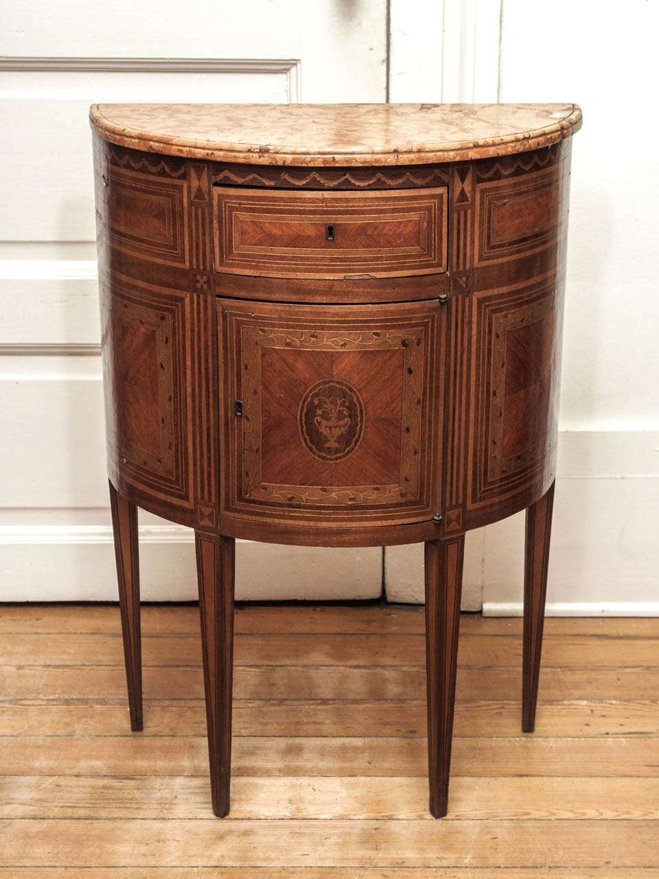 Pair of Italian Louis XVI Demi Lune Commodini with Marble Tops