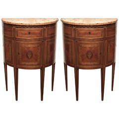 Pair of Italian Louis XVI Demi Lune Commodini with Marble Tops