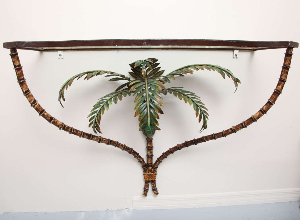 French Faux Bamboo Tole Palm Tree Console