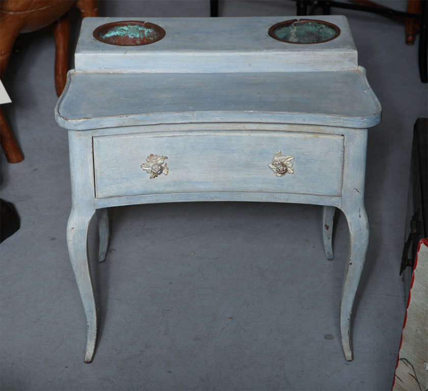 Very sweet painted wine service table with original paper lined drawer and copper containers.