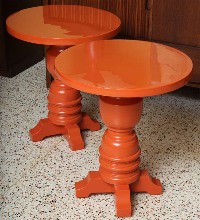 REDUCED FROM $2,650.
Fat and fun, this pair of architectural side tables lacquered in burnt orange are like large toys with their over the top turned solid wood body and supports are a bit deco and 1940s modern.
Just super!
Price is for the pair.