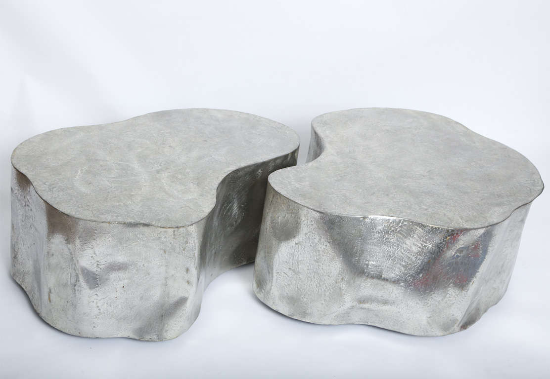 Pair of Silas Seandel Free Form Coffee Tables.<br />
Signed and dated 1982<br />
Brushed and enameled steel on wheels<br />
price is for the pair<br />
Large table 16