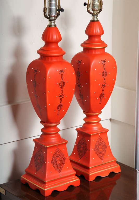 American Pair of Stunning Orange Porcelain Table Lamps