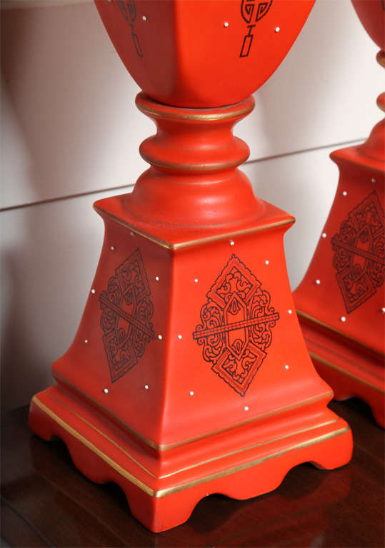 Pair of Stunning Orange Porcelain Table Lamps 1