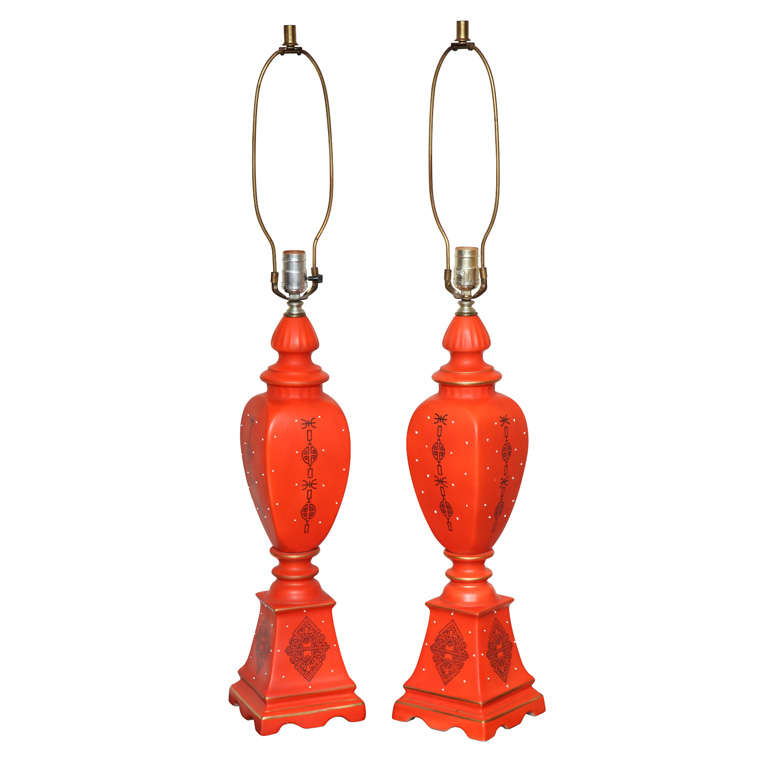 Pair of Stunning Orange Porcelain Table Lamps