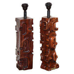 Pair of Totem Carved Wood Table Lamps by Sculptor, A. Curti Pair of Totem Carved Wood Table Lamps by Sculptor, A. Curti