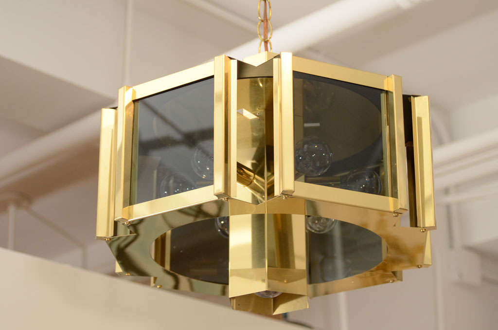 Late 20th Century Elegant Brass and Smoked Glass Chandelier by Frederick Ramond