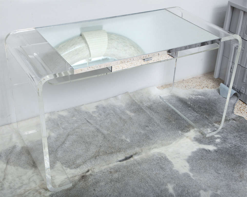 The perfect desk in a room with a view! We love this big, bold Leon Frost-style desk with inch-thick lucite frame, mirror top, and single white acrylic drawer with mirrored lucite face... a stunner!