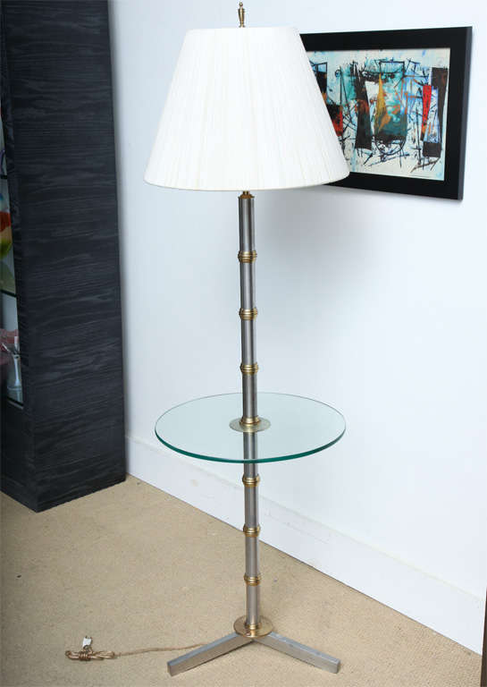 This is pair of very unique brushed metal and brass Warren Kessler Lamps with bamboo design stem . Tripod  Base and brass accents . Glass table top 18