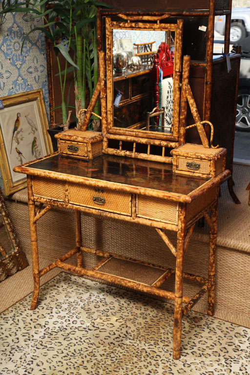 Late 19th century English Ladies Bamboo mirrored vanity  dressing table with three drawers and Japanning on top.