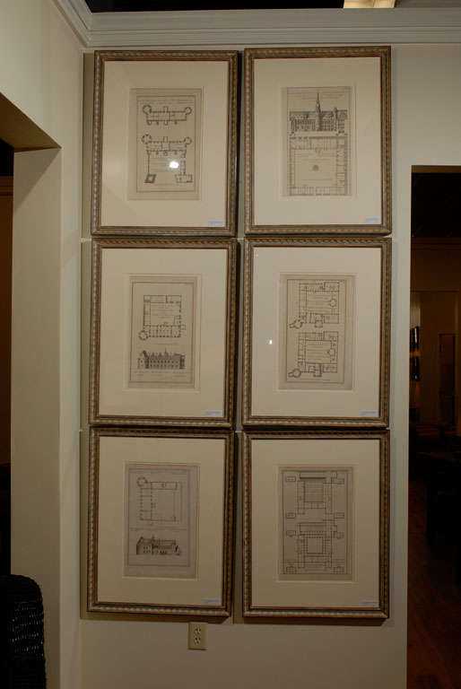 This is a very handsome set of French Architectural prints.  The descriptions on the prints are in French.  The mat is a two inch ivory mat with a hand carved and painted charcoal frame by Fred Reed Picture Framing, inc. 

*** PRICED INDIVIDUALLY