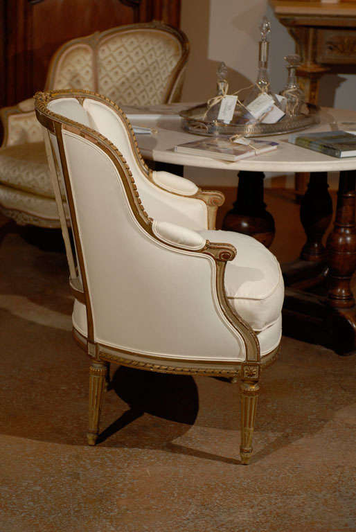 Upholstery French Louis XVI Style Barrel Back Gilt  Bergère Chair from the 19th Century
