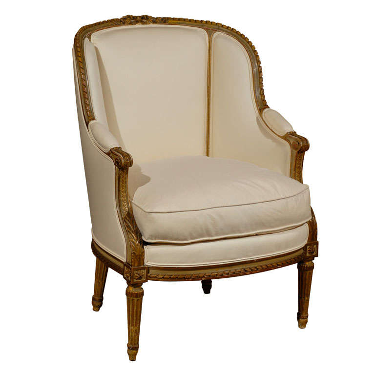 French Louis XVI Style Barrel Back Gilt  Bergère Chair from the 19th Century