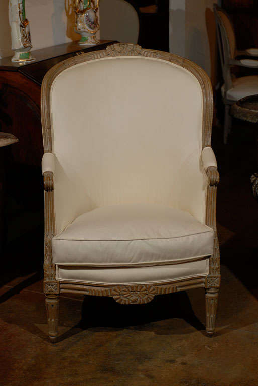 Beech French Louis XVI Style Upholstered Carved Barrelback Bergère Chair, 19th Century