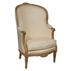 French Louis XVI Style Upholstered Carved Barrelback Bergère Chair, 19th Century