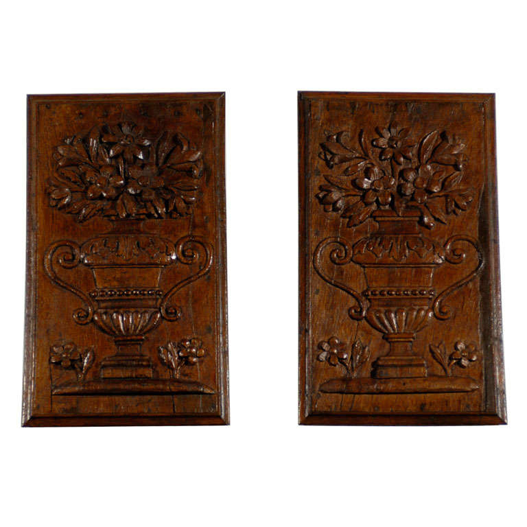 Pair of French Louis XVI Period Wooden Panels Carved in Low-Relief with Bouquets